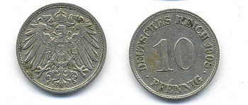 ГЕРМАНИЯ 10 ПФЕННИГОВ 1908 D KM 12, J. 13 медно-никель 58-333