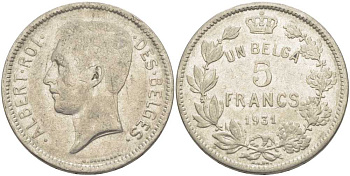 БЕЛЬГИЯ 5 ФРАНКОВ 1931 АЛЬБЕРТ I, DES BELGES KM 97.1 никель 3851-145