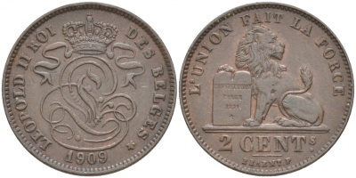 БЕЛЬГИЯ 2 САНТИМА 1909 BELGES KM 35.1 медь 68-214