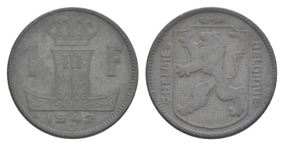 Бельгия 1 франк 1942 Belgique - Belgie, Леопольд III (1934-1947), германская оккупация, Вторая мировая война KM 128 цинк 4636-218