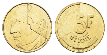 Бельгия 5 франков 1993 Belgie, Бодуэн I (1951-1993) KM 164 медь алюминий никель UNC 4706-342