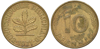 ФРГ 10 пфеннигов 1971 J KM 108, J. 383 сталь плакированная латунью 4132-545