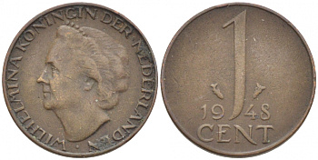 Нидерланды 1 цент 1948 Вильгельмина (1890-1948), год тип KM 175 бронза 112-318