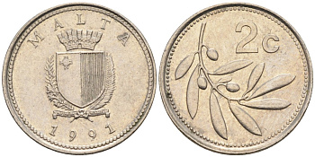 Мальта 2 цента 1991 оливковая ветвь KM 94 медно-никель 112-515
