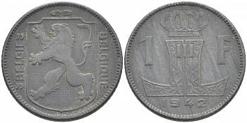 БЕЛЬГИЯ 1 ФРАНК 1942 BELGIQUE-BELGIE, ГЕРМАНСКАЯ ОККУПАЦИЯ, ВТОРАЯ МИРОВАЯ ВОЙНА KM 127 цинк 3856-453