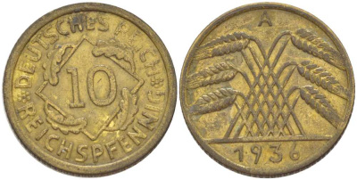 ГЕРМАНИЯ 10 РЕЙХСПФЕННИГОВ 1936 A KM 40, J. 317, Weege 9 алюминиевая бронза 210-426