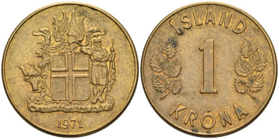 Исландия 1 крона 1971 KM 12a никель латунь UNC 4126-954