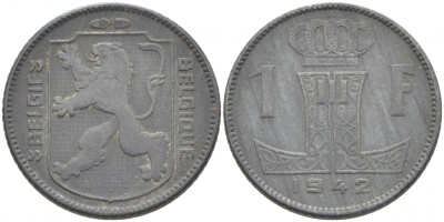 БЕЛЬГИЯ 1 ФРАНК 1942 BELGIQUE-BELGIE, ГЕРМАНСКАЯ ОККУПАЦИЯ, ВТОРАЯ МИРОВАЯ ВОЙНА KM 127 цинк 3856-453