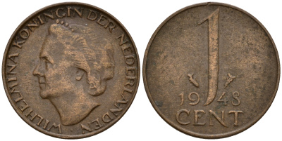 Нидерланды 1 цент 1948 Вильгельмина (1890-1948), год тип KM 175 бронза 4598-136