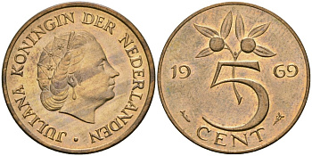 Нидерланды 5 центов 1969 Юлиана (1948-1980) KM 181 бронза 4579-624