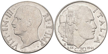 ИТАЛИЯ 20 ЧЕНТЕЗИМО 1941 R, ГОД XIX, ВИКТОР ЭММАНУИЛ III (1900-1946) KM 75b, VEM3. 1028 нержавеющая сталь 3853-1152