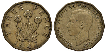 Великобритания 3 пенса 1943 Георг VI (1936-1952) KM 849, Spink 4112 никель латунь 4538-1116