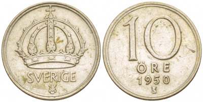 Швеция 10 эре 1950 TS, Густав V (1907-1950) KM 813 серебро 4547-1054