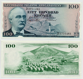Исландия 100 крон 1957 Триггви Гуннарссон, вулкан Гекла Pick 40 a (1) бумага aUNC 6287-18-3