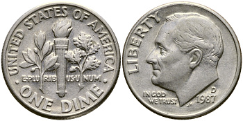 США 10 ЦЕНТОВ = 1 ДАЙМ 1987 D, РУЗВЕЛЬТ KM 195а медь плакированная медно-никелем 46-2433