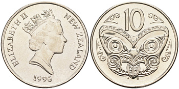 Новая Зеландия 10 центов 1996 Елизавета II (1952-2022), маска маори KM 61 медно-никель 4126-1236