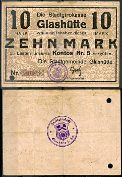 Германия, Гласхютте 10 марок ND нотгельд, Stadtgirokasse   бумага 444-95-2-2