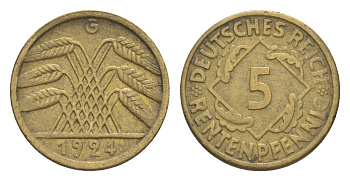 Германия 5 рентенпфеннигов 1924 G KM 32, J. 308 алюминиевая бронза 4636-451