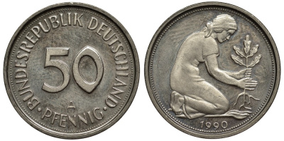 ФРГ 50 пфеннигов 1990 А, монетный двор Берлин KM 109.2, J. 384а медно-никель 186-832