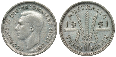 Австралия 3 пенса 1951 m, Георг VI (1937-1952), без букв KM 44 серебро 71-346