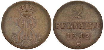 Ганновер 2 пфеннига 1842 S, Эрнст Август (1837-1851) KM 174.2, AKS 123, J. 55 медь 75-1734