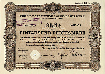 Германия 1000 рейхсмарок 1940 Тюрингская компания по производству целлюлозы, Шварца, Заале, акция   бумага   8803-121-1