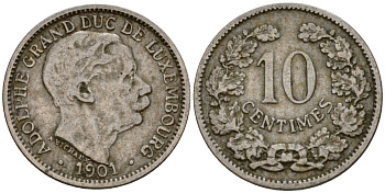 Люксембург 10 сантимов 1901 Адольф (1890-1905) KM 25 медно-никель 4602-438