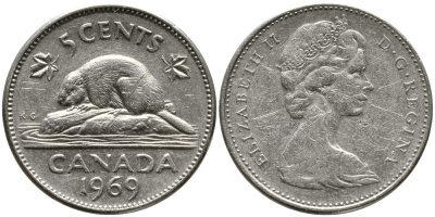 КАНАДА 5 ЦЕНТОВ 1969 ЕЛИЗАВЕТА II (1952-), БОБР, ВТОРОЙ ПОРТРЕТ В КОРОНЕ KM 60.1 никель 4543-643