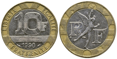 Франция 10 франков 1990 тип Гений Бастилии KM 964.1, Le Frank 375.5 биметалл 51-5135