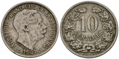 Люксембург 10 сантимов 1901 Адольф (1890-1905) KM 25 медно-никель 4602-438