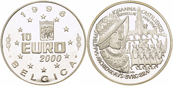 БЕЛЬГИЯ 10 ЕВРО 2000 ИОАННА КАСТИЛИАС серебро PROOF 06-271-42