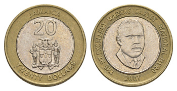 Ямайка 20 долларов 2001 KM 182 биметалл 4519-852