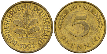 ФРГ 5 пфеннигов 1991 A J.382, KM 107 сталь плакированная латунью    4598-1114