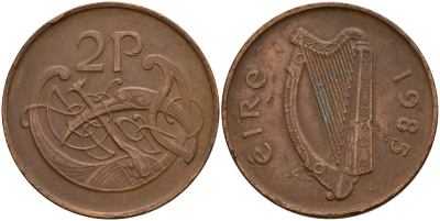 Ирландия 2 пенсов 1985 Виньетка в виде стилизованной птицы из второй библии Карла II Лысого KM 21 бронза 4140-246