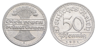 Германия 50 пфеннигов 1921 A KM 27, J. 301 алюминий aUNC 4646-1135