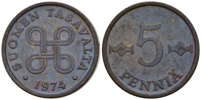 Финляндия 5 пенни 1974 KM 45 медь 4602-262