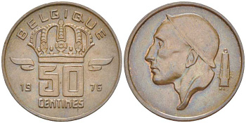 БЕЛЬГИЯ 50 САНТИМОВ 1976 BELGIQUE, БОДУЭН I (1951-1993) KM 148.1 бронза 214-463