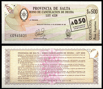 Аргентина, Сальта 50 сентаво 1987 надпечатка Pick S2606 бумага UNC (пресс) 451-1244-3