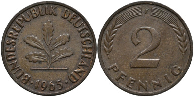 ФРГ 2 пфеннига 1965 F KM 106 бронза 4171-413