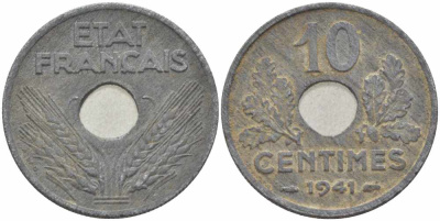 ФРАНЦИЯ 10 САНТИМОВ 1941 ДИАМЕТР 21,3 ММ., ПРАВИТЕЛЬСТВО ВИШИ KM 898.2, LE FRANC 141.2 цинк 4401-446
