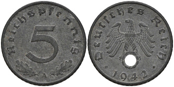 Германия 5 рейхспфеннигов 1942 A, монетный двор Берлин KM 100, J. 370 цинк 186-811