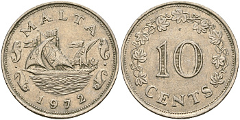 Мальта 10 центов 1972 баржа Великого магистра KM 11 медно-никель 4137-835