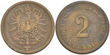 ГЕРМАНИЯ 2 ПФЕННИГА 1875 J, СТАРОГЕРБОВКА KM 2, J. 2, Weege 3 медь 212-511