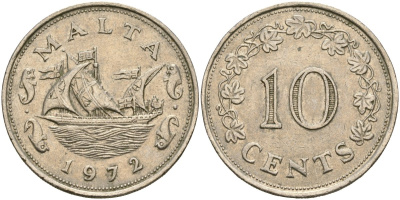 Мальта 10 центов 1972 баржа Великого магистра KM 11 медно-никель 4137-835