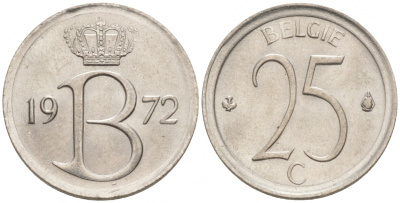 БЕЛЬГИЯ 25 САНТИМОВ 1972 BELGIE, МОНЕТНЫЙ ТИП KM 154.1 медно-никель UNC 214-232