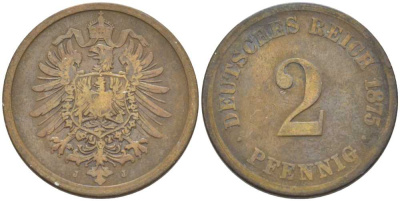 ГЕРМАНИЯ 2 ПФЕННИГА 1875 J, СТАРОГЕРБОВКА KM 2, J. 2, Weege 3 медь 212-511