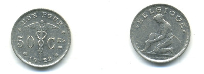 Бельгия 50 сантимов 1922 Belgique, Альберт I (1910-1934) KM 87 никель 80-931