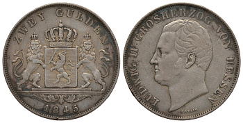 Гессен-Дармштадт 2 гульдена 1845 Людвиг II (1830-1848) KM 321, AKS 101, Jaeger 42, Davenport 704, Kahnt 262 серебро 00-809-07