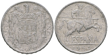 Испания 10 сентимо 1953 рыцарь (всадник) на коне, Франсиско Франко (1939-1975) KM 766 алюминий 4612-1116