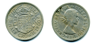 Великобритания 1/2 кроны 1960 Елизавета II (1952-2022) KM 907, Spink 4145 медно-никель 89-1225